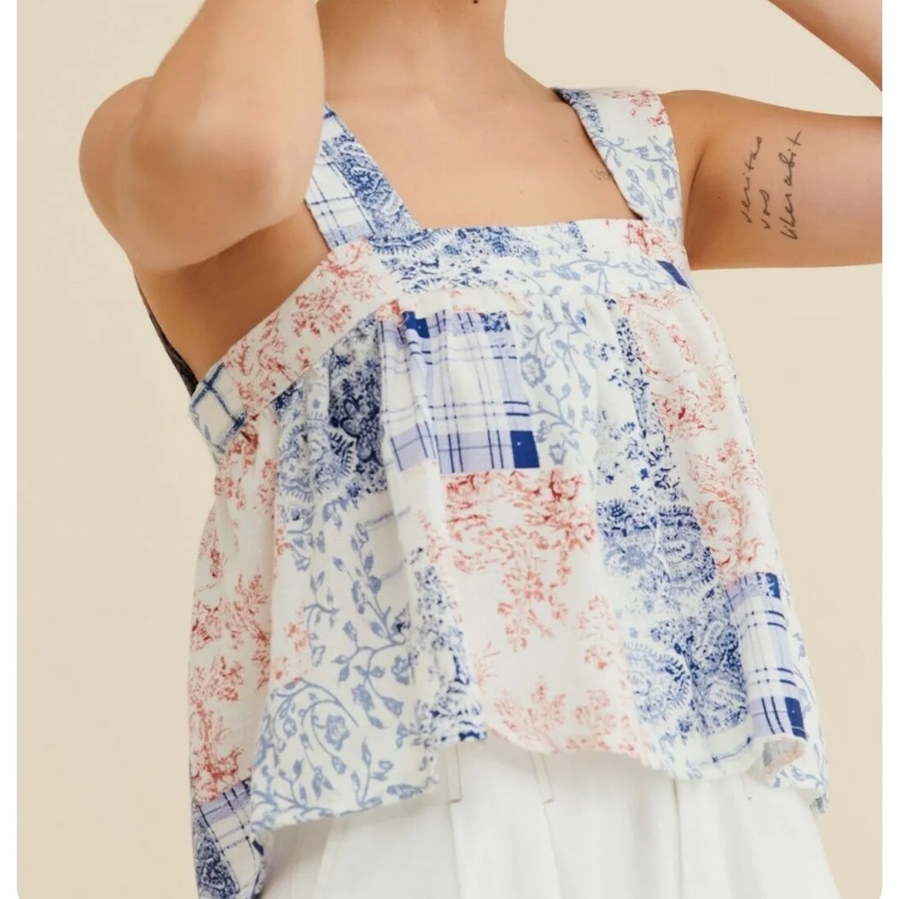 Urban Outfitters Maya Patchwork Printed Tank Top Medium Cropped Red White Blue - Picture 2 of 8